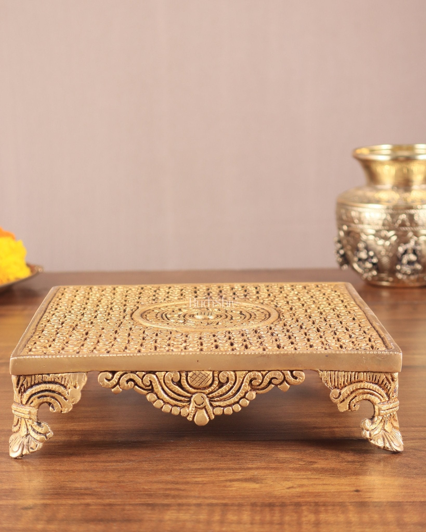 Superfine Brass Pooja Chowki Aasan for Temple - 8 x 8 inch - Sama Homes Idol - Brass Sculpture - Eco-friendly - Sama Homes