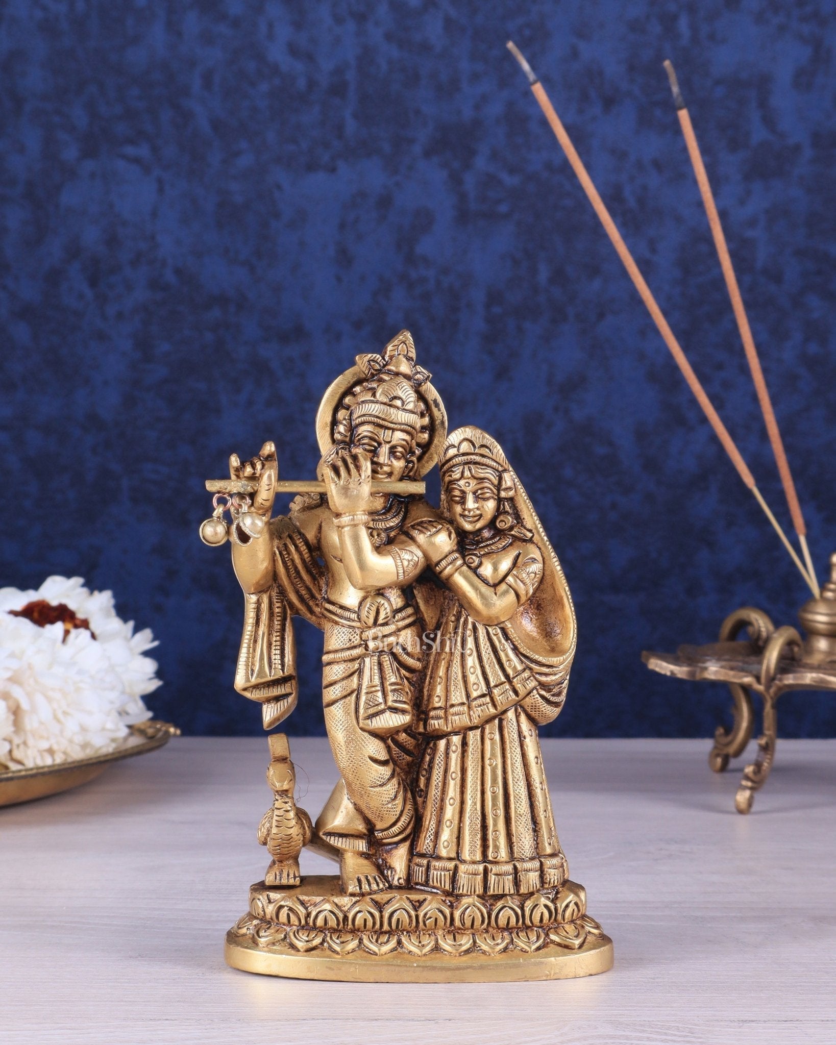 Superfine Brass Radha Krishna Idol with peacock - 6 Inch Statue - Sama Homes Idol - Brass Sculpture - Eco-friendly - Sama Homes