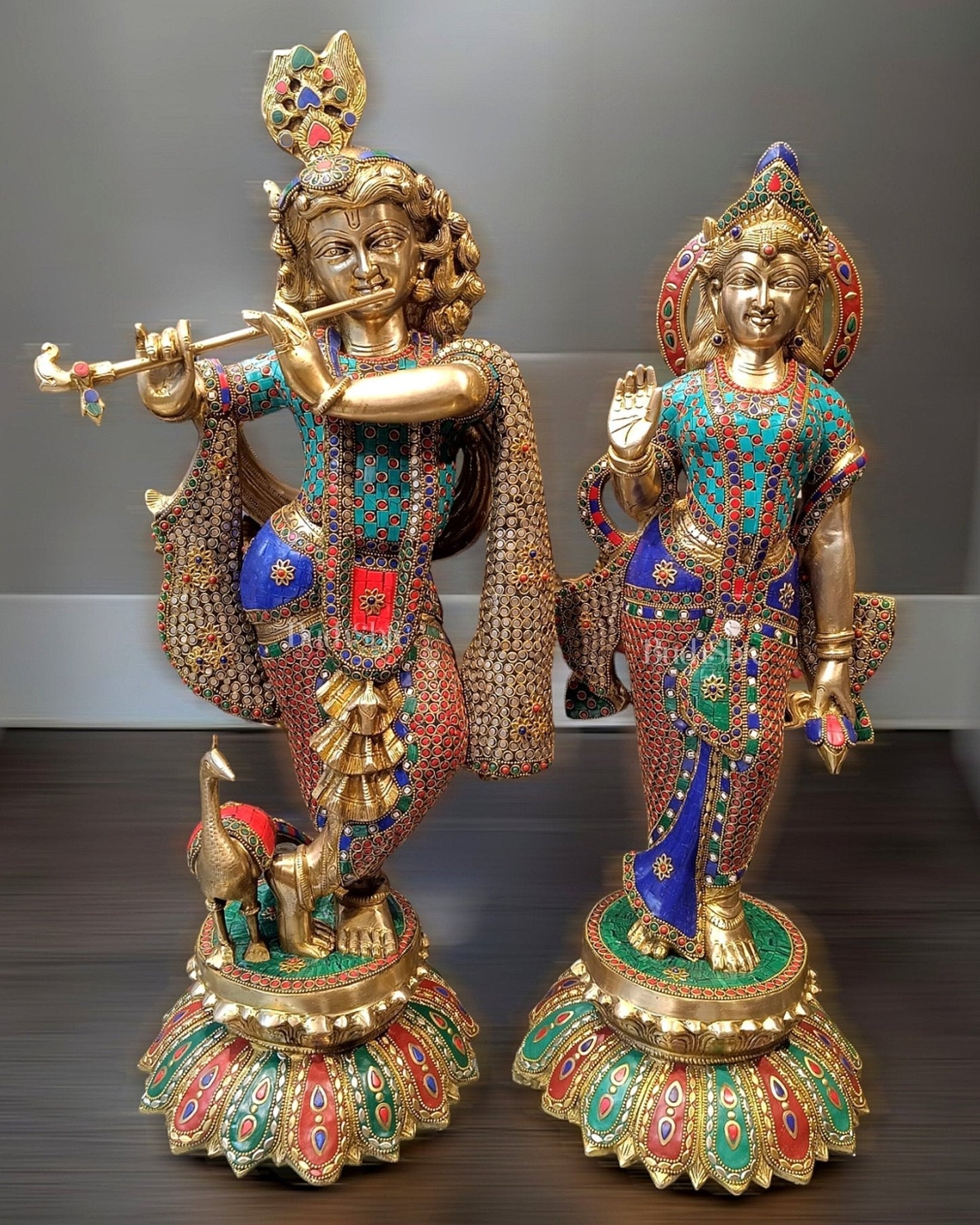 Superfine Brass Radha Krishna Idols with Meenakari Stonework 27" - Sama Homes Idol - Brass Sculpture