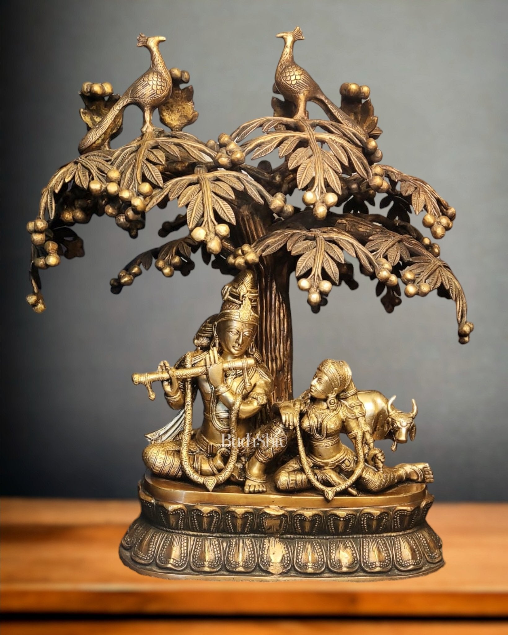 Superfine Brass Radha Krishna with Cow and Tree - 24 inch - Sama Homes Idol - Brass Sculpture - Eco-friendly - Sama Homes