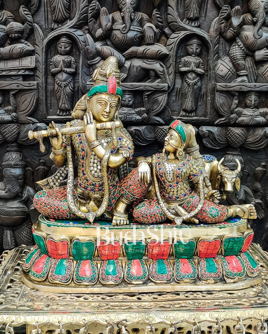 Sama Homes-brass radha krishna with cow seated on a pedestal with stonework 15