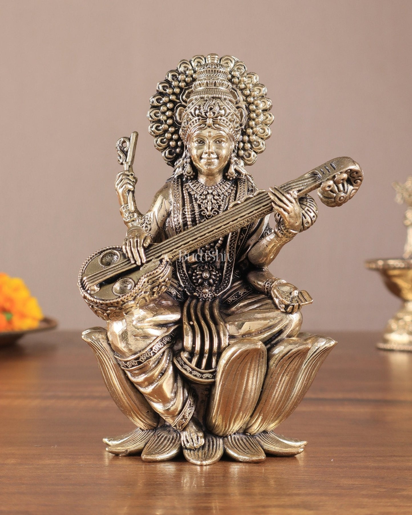 Superfine Brass Saraswati Idol - 6" Tall, Intricate Detailing - Sama Homes Idol - Brass Sculpture
