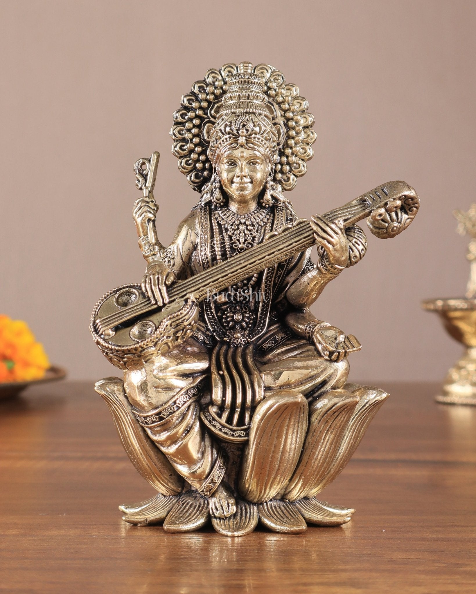 Superfine Brass Saraswati Idol - 6" Tall, Intricate Detailing - Sama Homes Idol - Brass Sculpture - Eco-friendly - Sama Homes