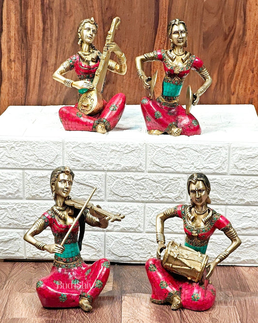 Superfine Brass Set of 4 Tribal Lady Musicians - 11 Inch - Sama Homes Idol - Brass Sculpture