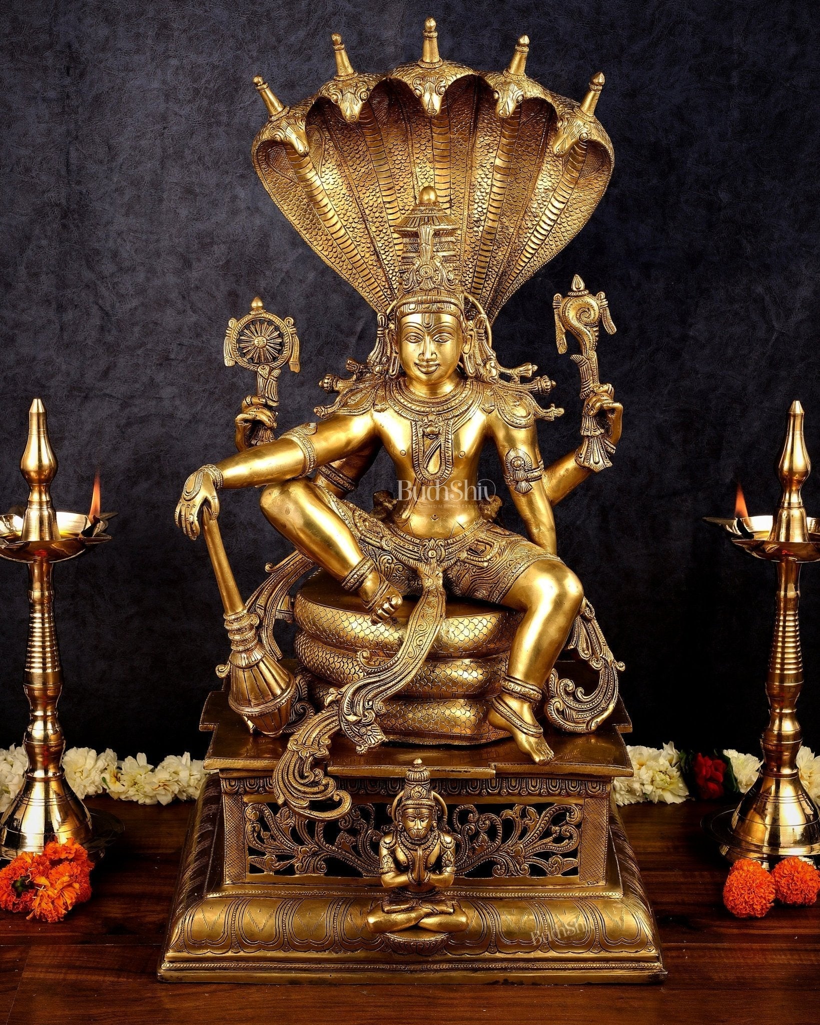 Superfine Brass Shri Hari Narayana ( Vishnu ) under Sheshanaag statue  – 29” - Sama Homes Idol - Brass Sculpture - Eco-friendly - Sama Homes