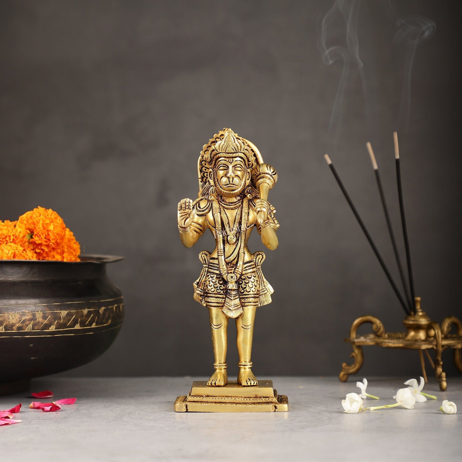 Superfine Brass Standing Hanuman Idol - 8.5 inch - Sama Homes Idol - Brass Sculpture - Eco-friendly - Sama Homes