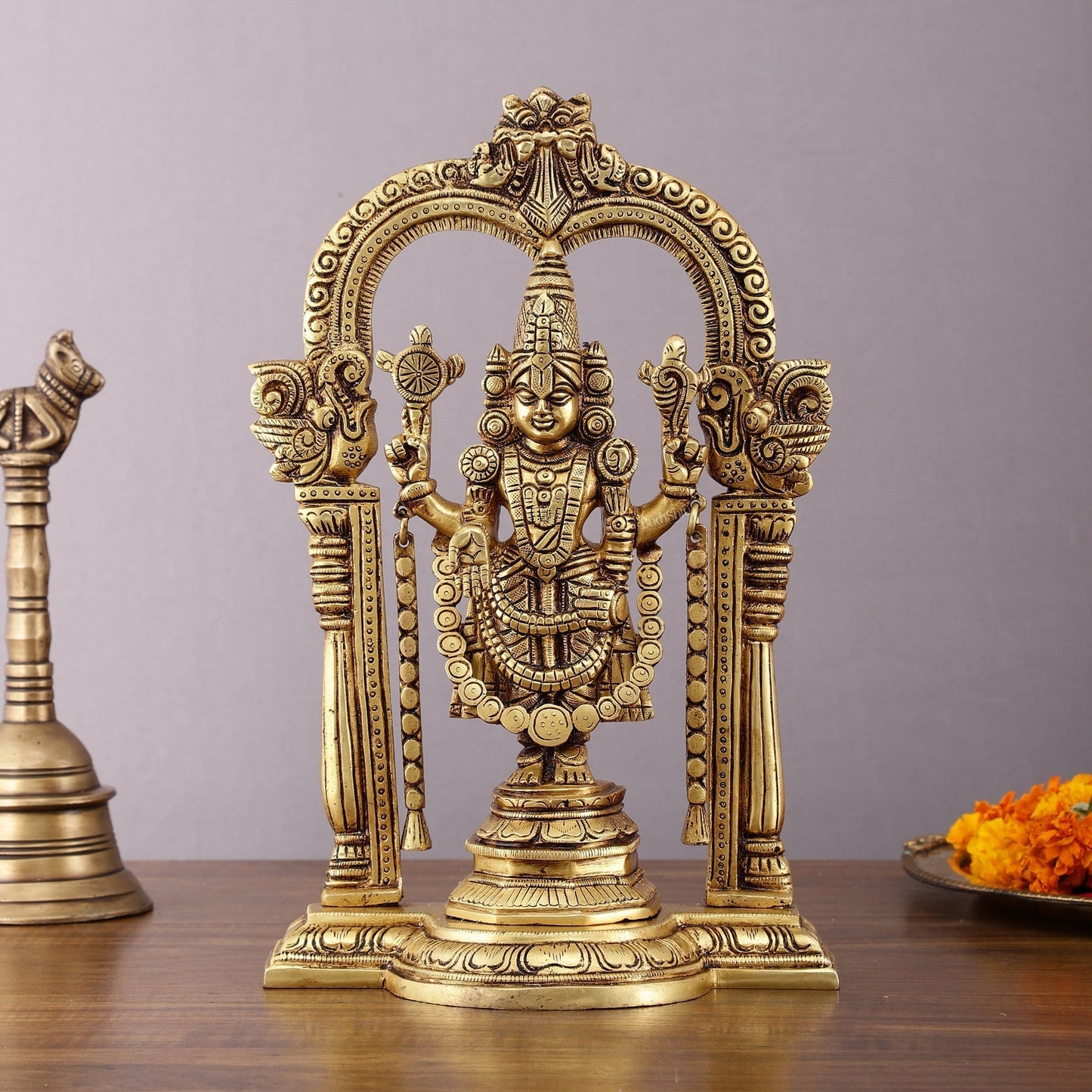 Superfine Brass Tirupati Balaji Idol with Prabhavali Frame - 12 Inch - Sama Homes Idol - Brass Sculpture