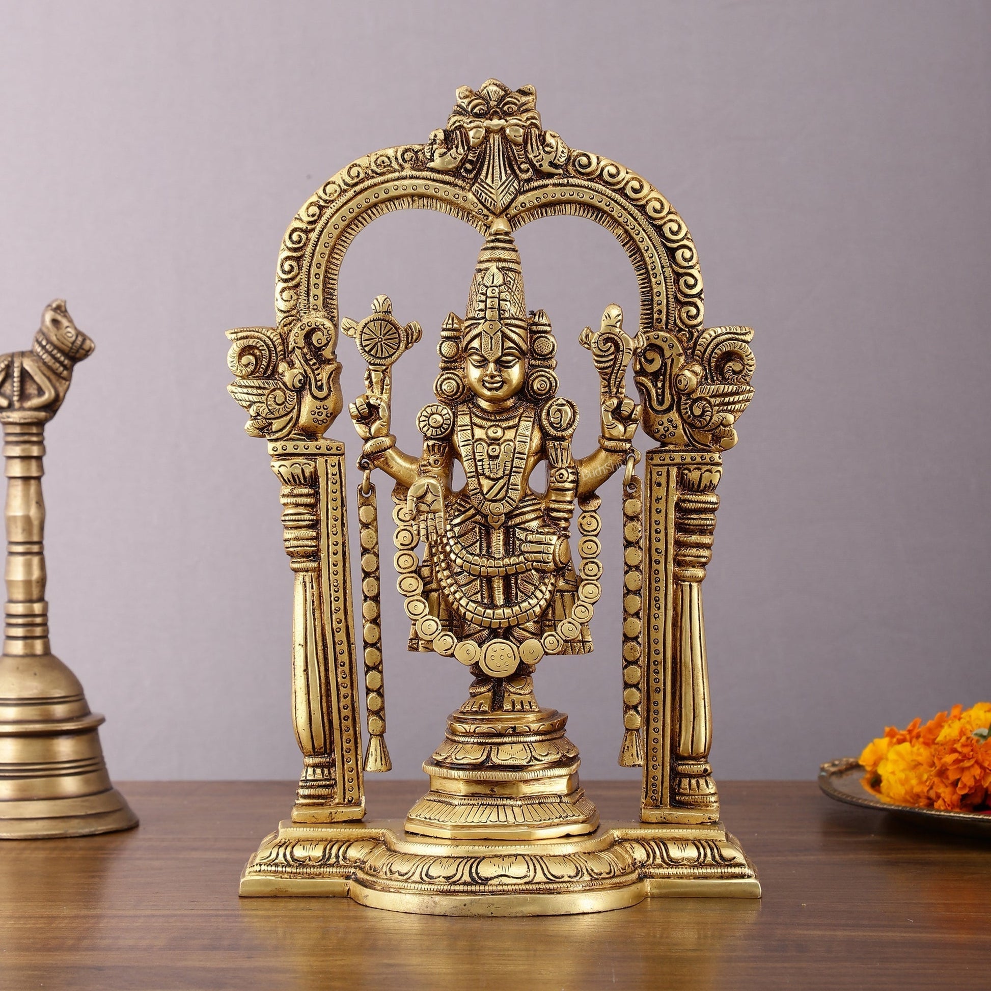 Superfine Brass Tirupati Balaji Idol with Prabhavali Frame - 12 Inch - Sama Homes Idol - Brass Sculpture - Eco-friendly - Sama Homes