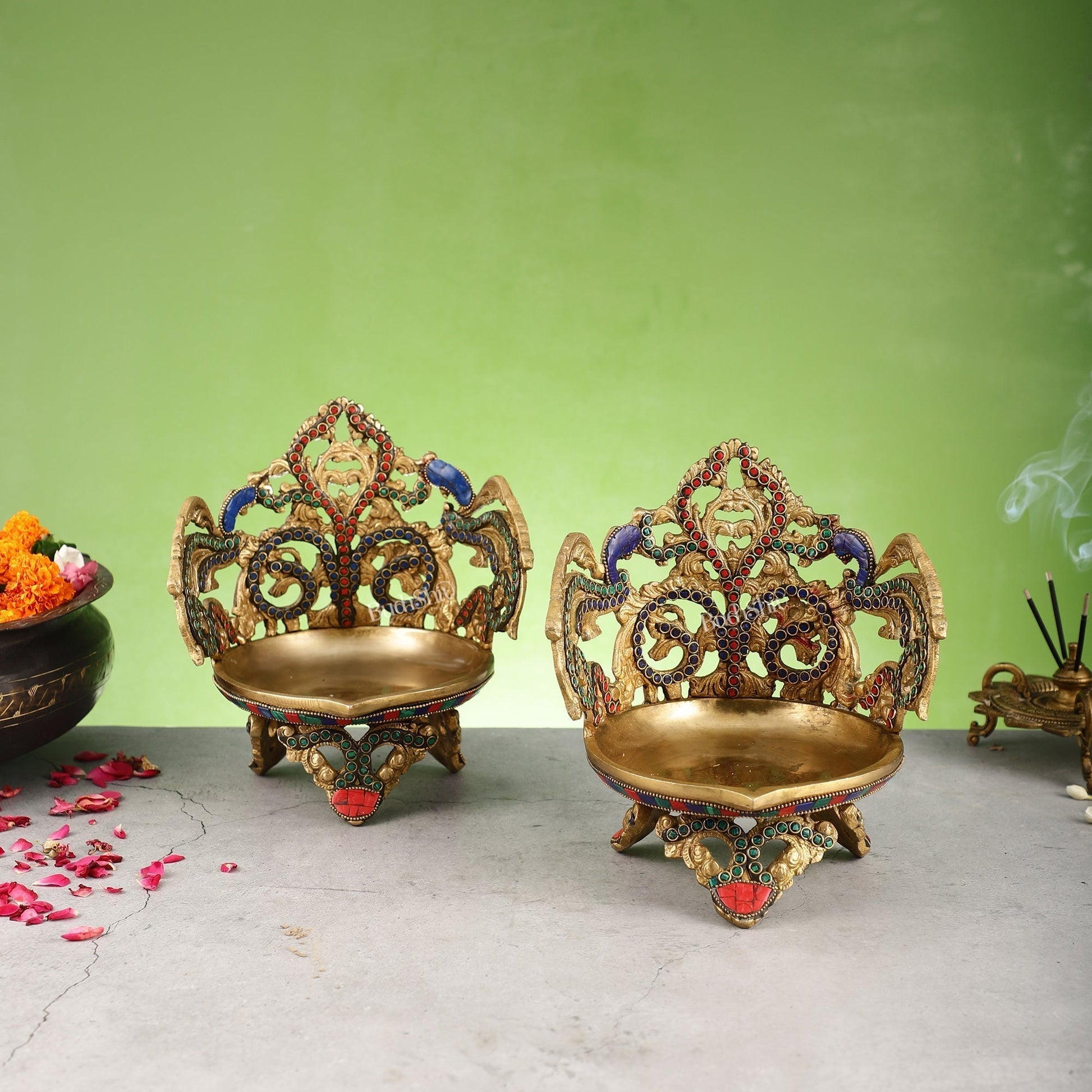 Superfine Brass Urli Lamp with Stonework pair - 9 Inch - Eco-friendly - Sama Homes