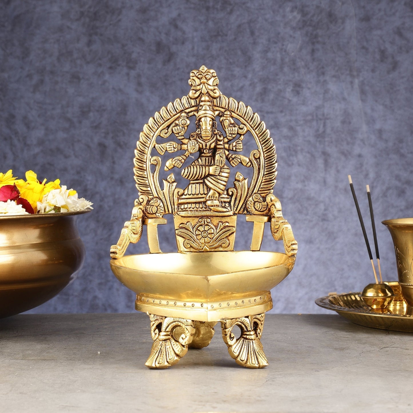 Superfine Brass Varahi Vilakku Oil Lamp Diya 9 inch - Sama Homes Idol - Brass Sculpture