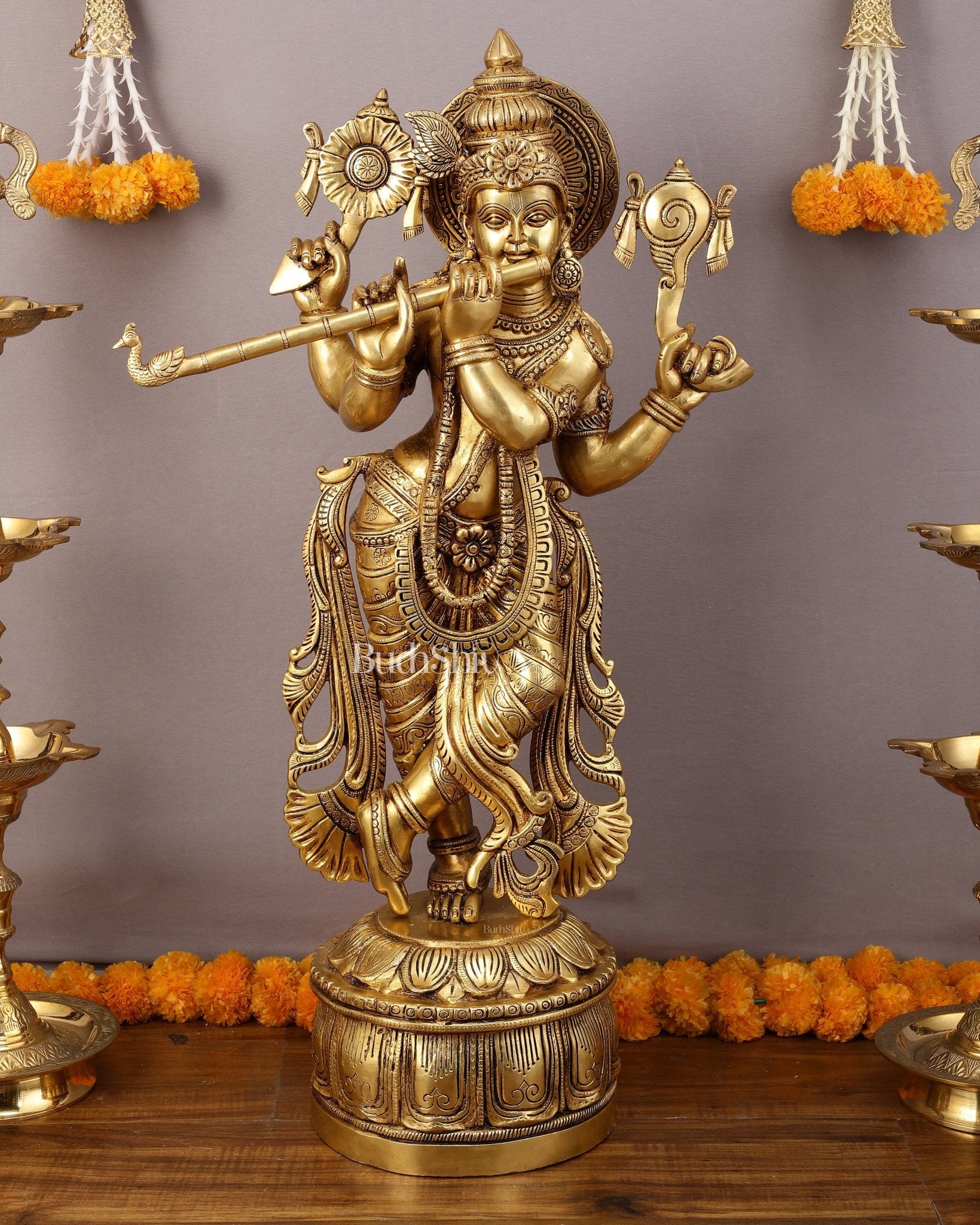 Superfine Brass Vishnu roopam Krishna Sculpture with Four Arms - 32.5 Inch - Sama Homes Idol - Brass Sculpture - Eco-friendly - Sama Homes