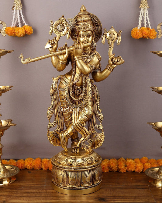 Superfine Brass Vishnu roopam Krishna Sculpture with Four Arms - 32.5 Inch - Sama Homes Idol - Brass Sculpture