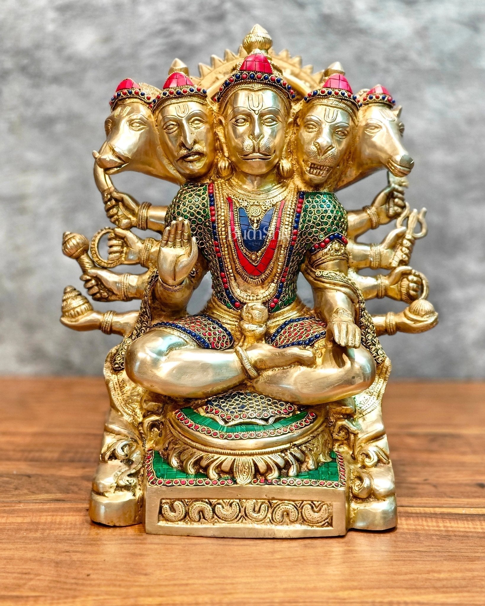 Superfine Handcrafted Brass Panchmukhi Hanuman Idol 17 inch with stonework - Sama Homes Idol - Brass Sculpture - Eco-friendly - Sama Homes