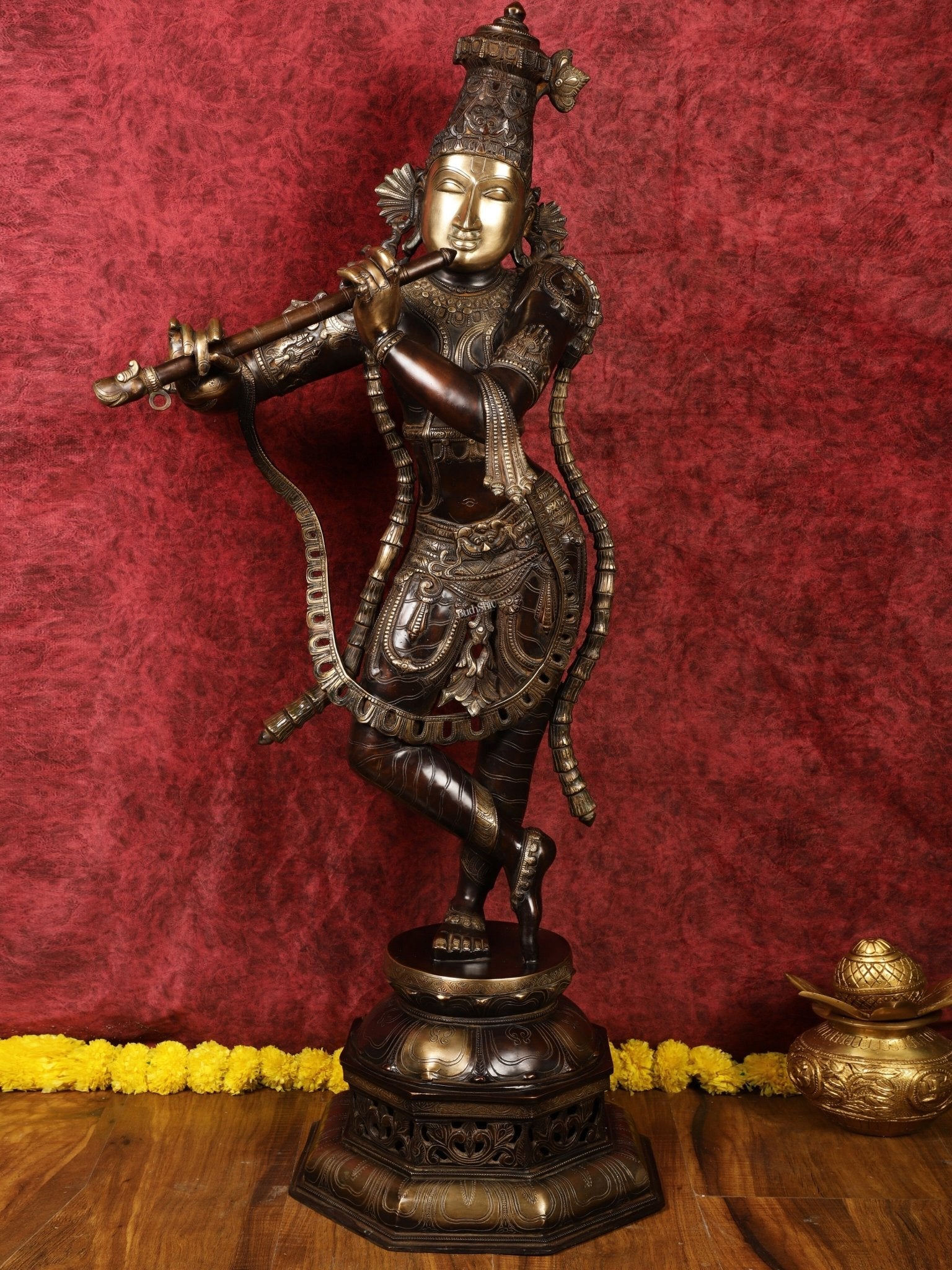 Superfine Handcrafted Krishna Sculpture | 45 Inch Tall | Premium Brown Gold Finish | 44 KG - Sama Homes Idol - Brass Sculpture - Eco-friendly - Sama Homes
