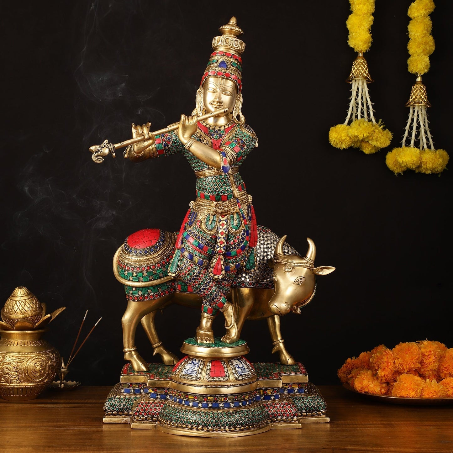 Superfine Krishna with Cow Sculpture - 25.5" Height, Meenakari Stonework - Sama Homes Idol - Brass Sculpture