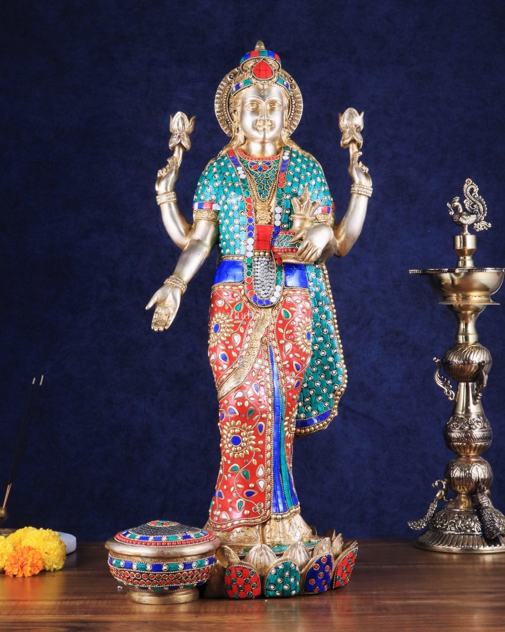 Superfine Standing Lakshmi Brass statue meenakari - 25 inch - Sama Homes Idol - Brass Sculpture - Eco-friendly - Sama Homes
