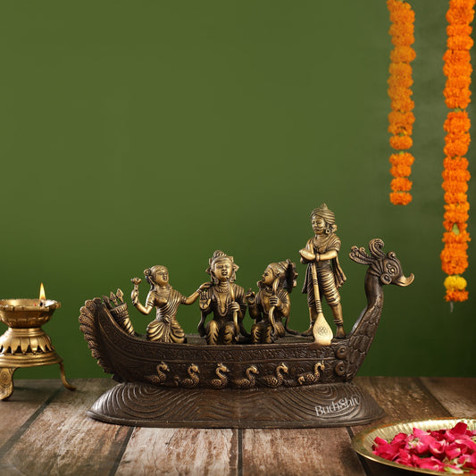 Sama Homes-the divine journey handcrafted superfine lord rama sita and lakshmana statue with kevat antique