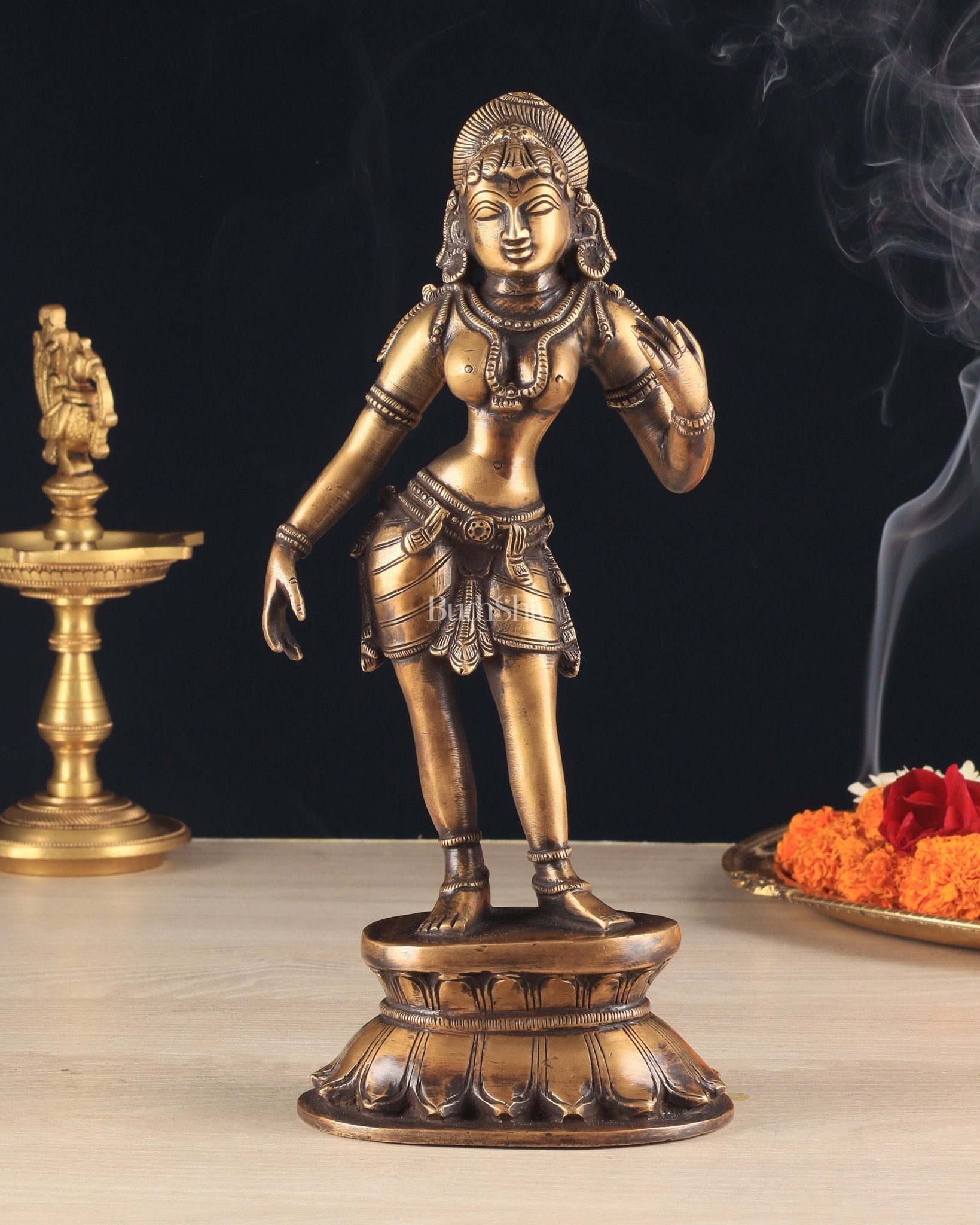 Traditional Brass Apsara Sculpture | 11 Inches | Elegant Design - Sama Homes Idol - Brass Sculpture - Eco-friendly - Sama Homes