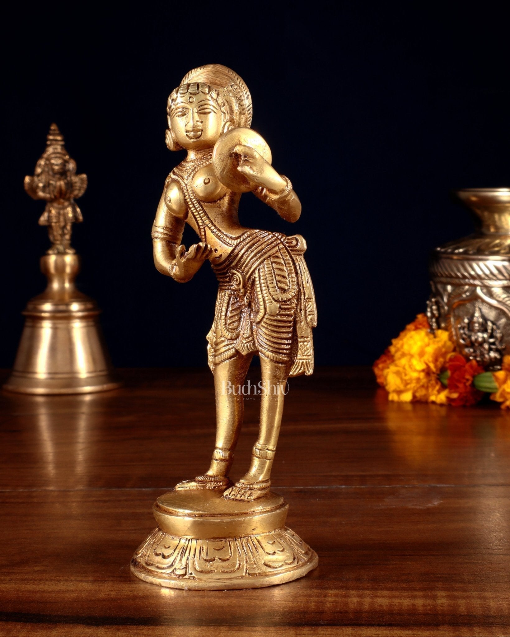 Traditional Brass Apsara with Mirror Showpiece – 6.4” - Sama Homes Idol - Brass Sculpture - Eco-friendly - Sama Homes