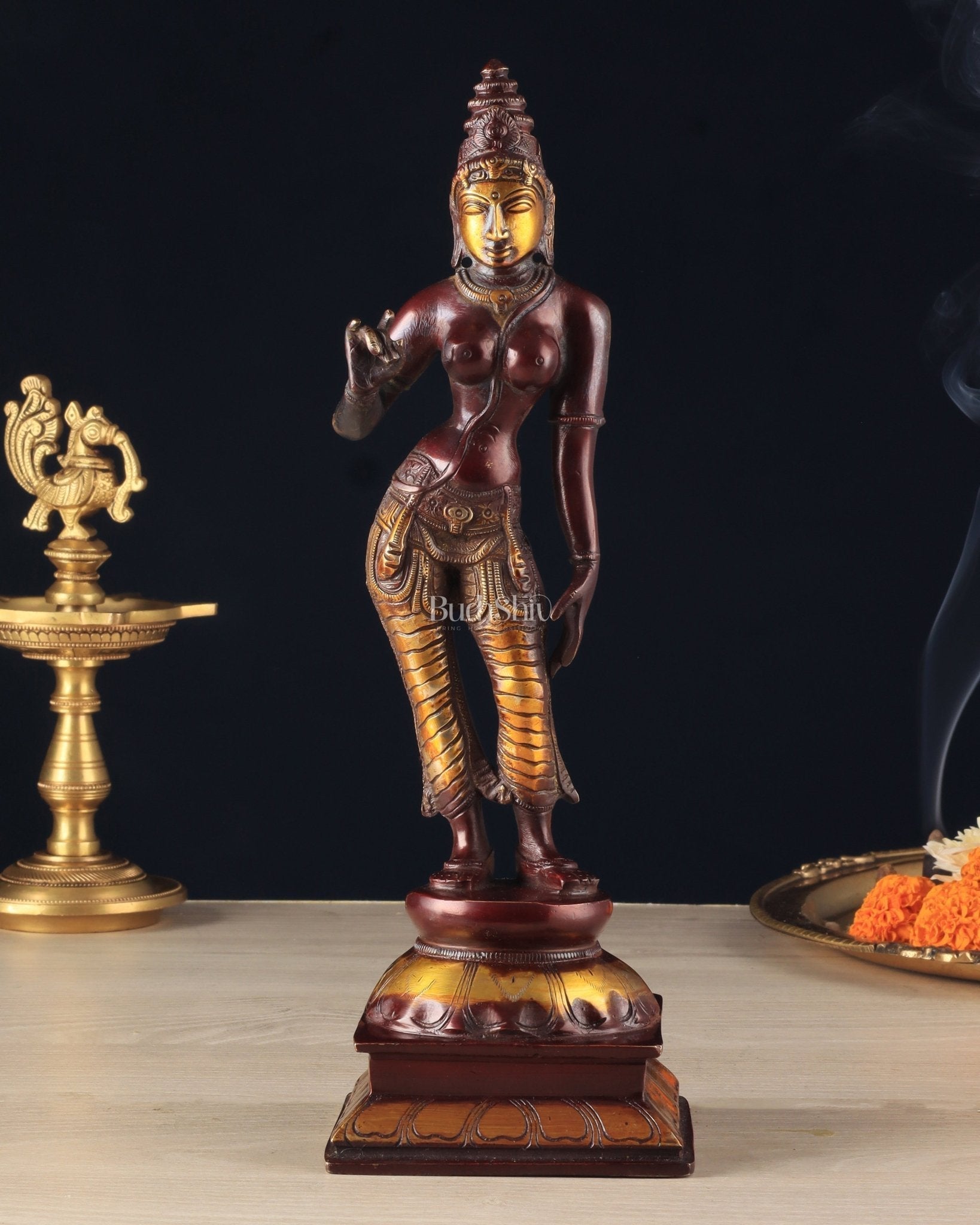 Traditional Brass Devi Parvati Uma Idol | 10 Inches | Chola finish - Sama Homes Idol - Brass Sculpture - Eco-friendly - Sama Homes