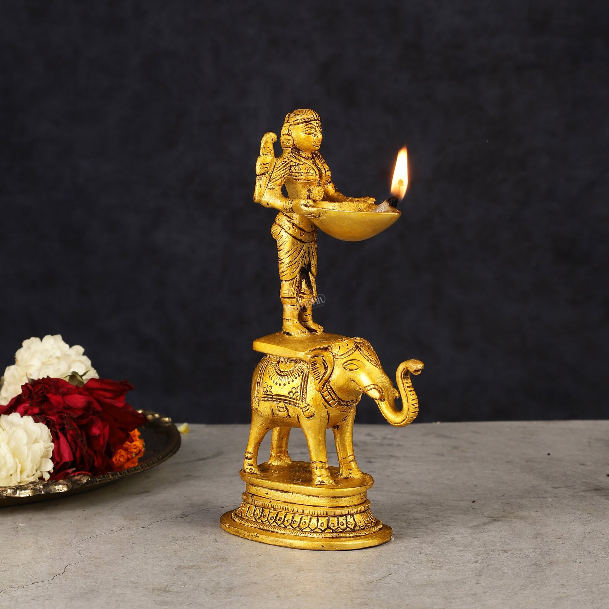 Traditional South Indian Pure Brass Deep Lady Paavai on Elephant Oil Lamp 6.5" - Sama Homes Idol - Brass Sculpture - Eco-friendly - Sama Homes