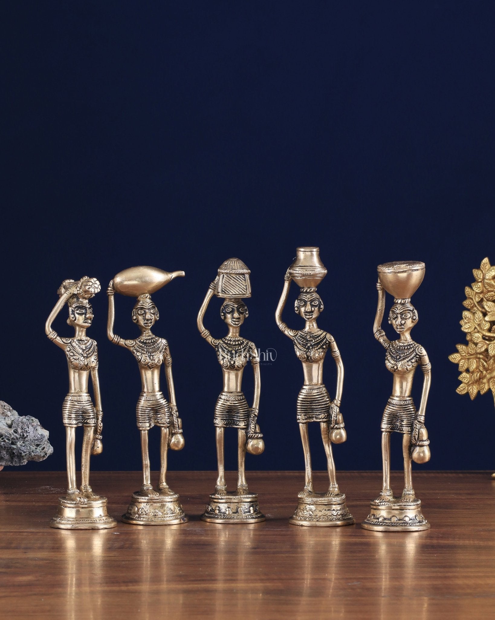 Tribal Brass Set of 5 Village Women Idols Depicting Daily Chores 7.5" - Sama Homes Idol - Brass Sculpture - Eco-friendly - Sama Homes