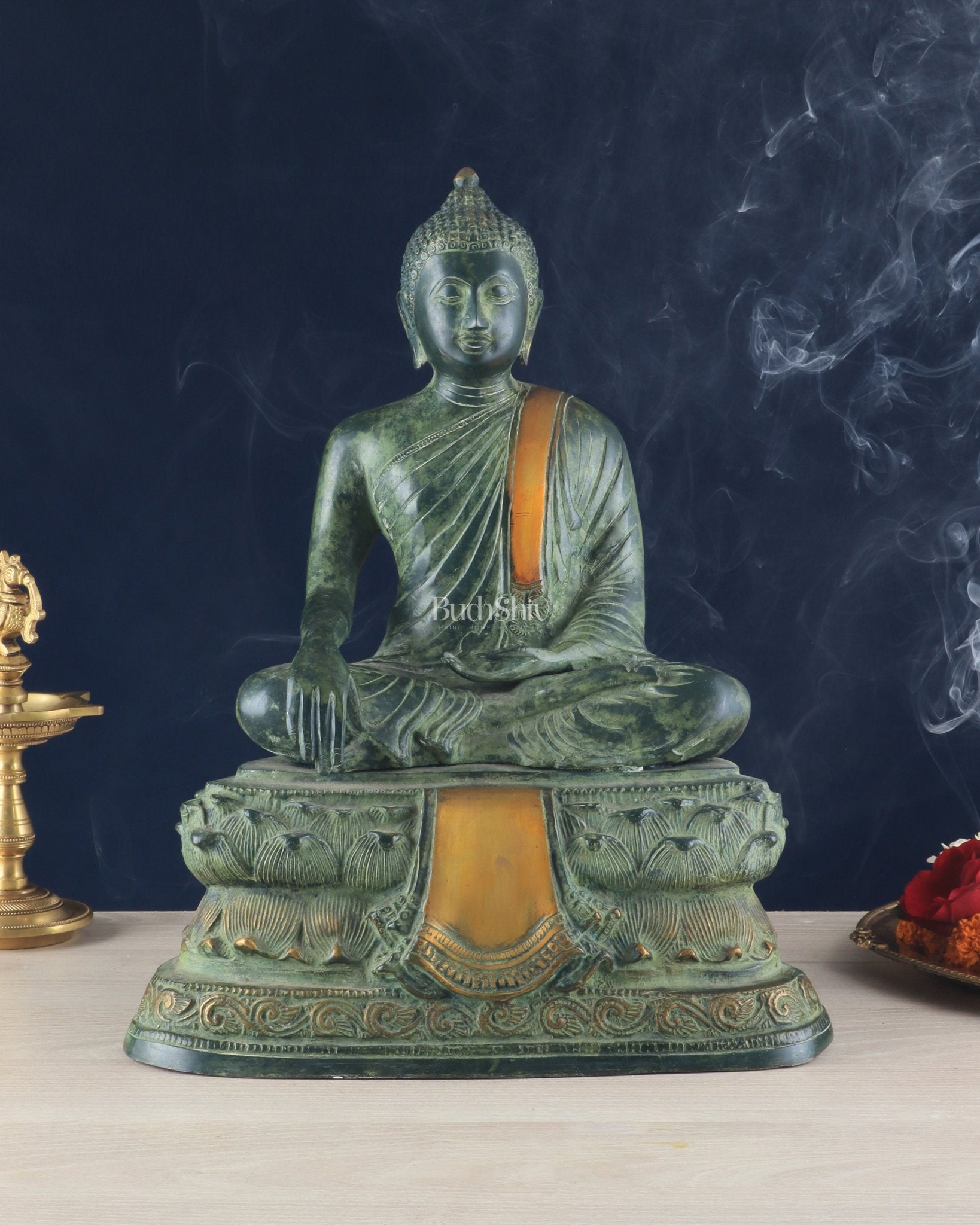 Unique Brass Blessing Buddha Statue in Green Stone Finish – 15 Inches - Sama Homes Idol - Brass Sculpture - Eco-friendly - Sama Homes
