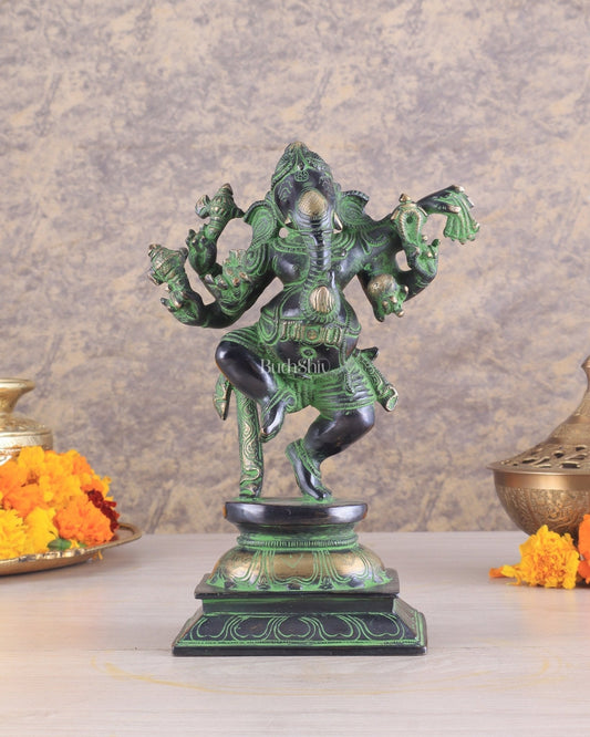 Unique Brass Dancing Ganesha - Nritya Ganapati Statue, Vintage Black and Green Tone Sculpture - Sama Homes Idol - Brass Sculpture