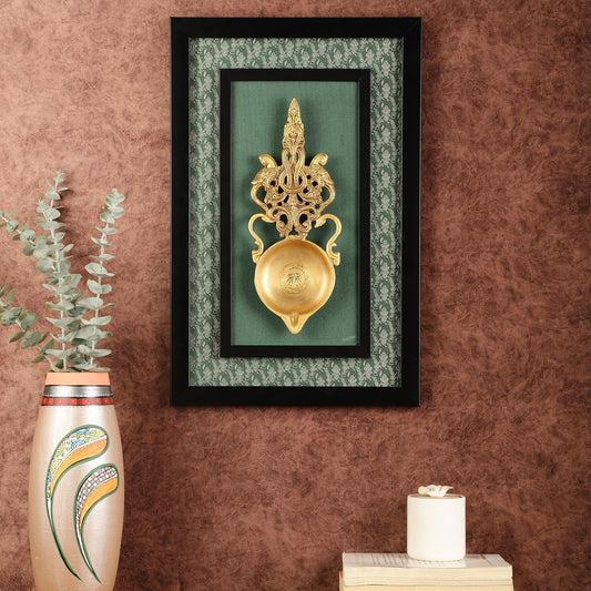 Unique Brass Diya on Wooden Frame with Premium Fabric | 18.5 Inch Wall Hanging - Sama Homes Idol - Brass Sculpture