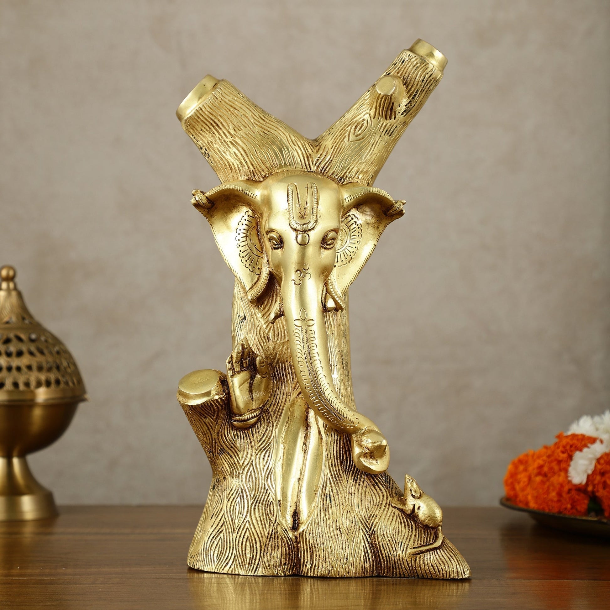 Unique Brass Ganesha Statue Carved in Tree – 12" Height - Sama Homes Idol - Brass Sculpture - Eco-friendly - Sama Homes