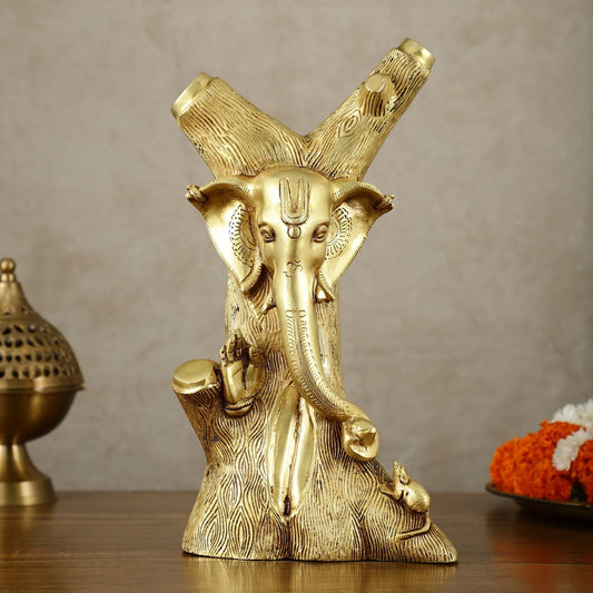Unique Brass Ganesha Statue Carved in Tree – 12" Height - Sama Homes Idol - Brass Sculpture