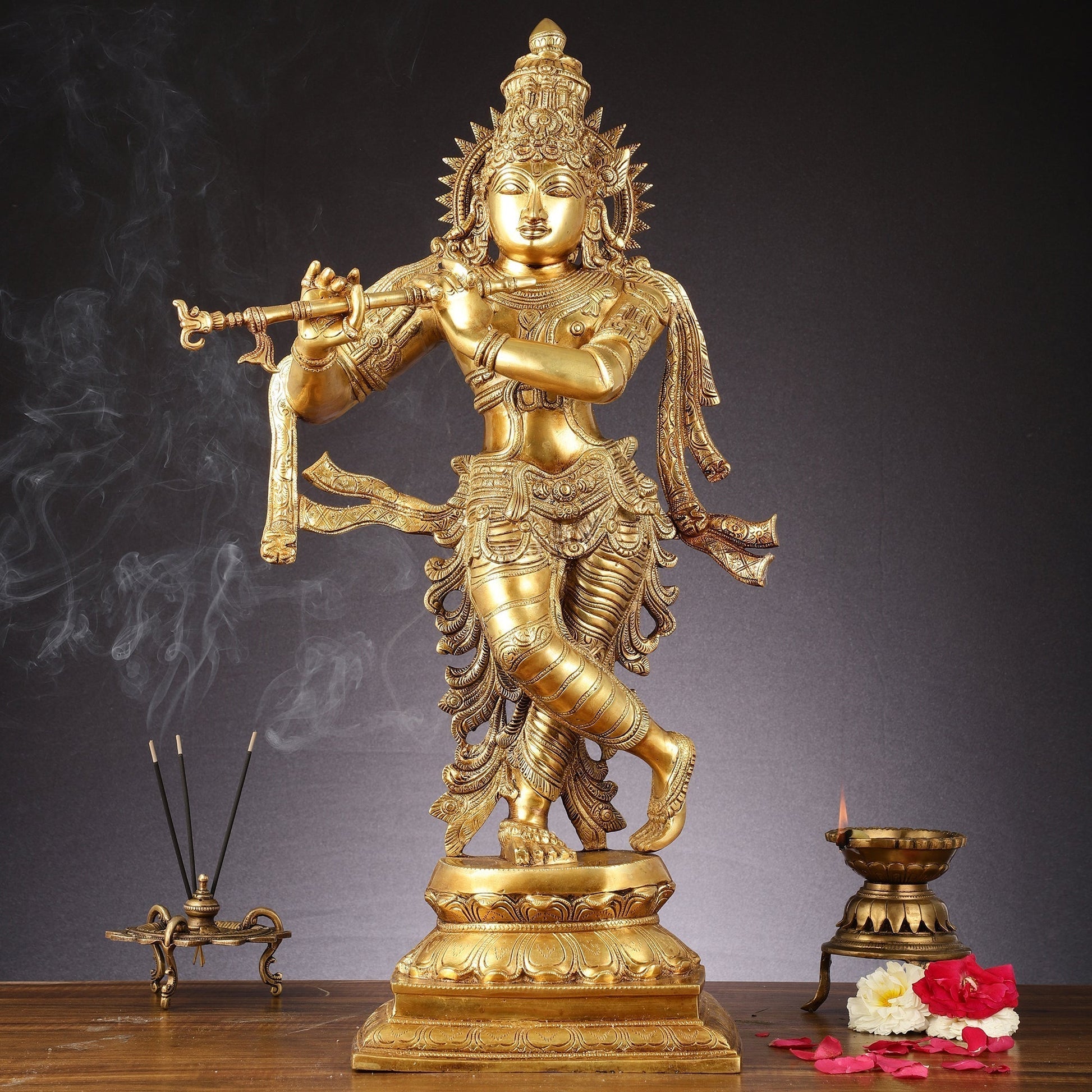 Unique Brass Krishna Statue - 26" - Sama Homes Idol - Brass Sculpture - Eco-friendly - Sama Homes