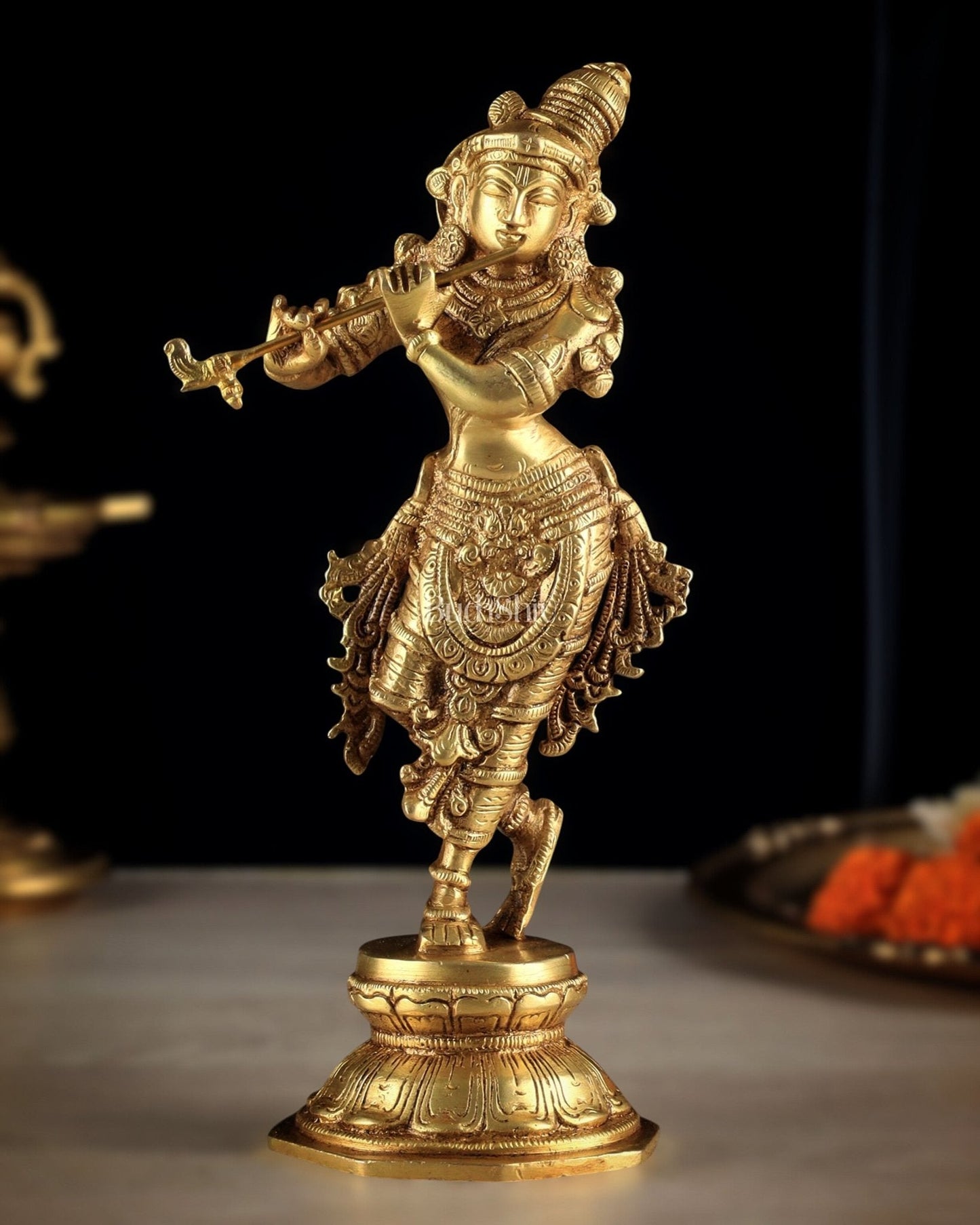 Unique Brass Krishna Statue - Sleek Design 9.5 Inches - Sama Homes Idol - Brass Sculpture