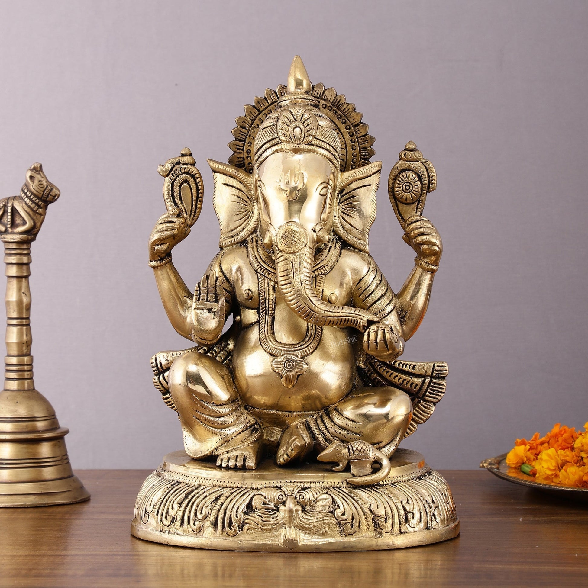 Unique Brass Lord Ganesha Statue - 11.5 Inch - Sama Homes Idol - Brass Sculpture - Eco-friendly - Sama Homes