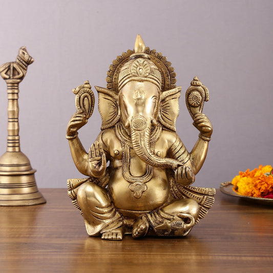 Unique Brass Lord Ganesha Statue - 9.5 Inch - Sama Homes Idol - Brass Sculpture