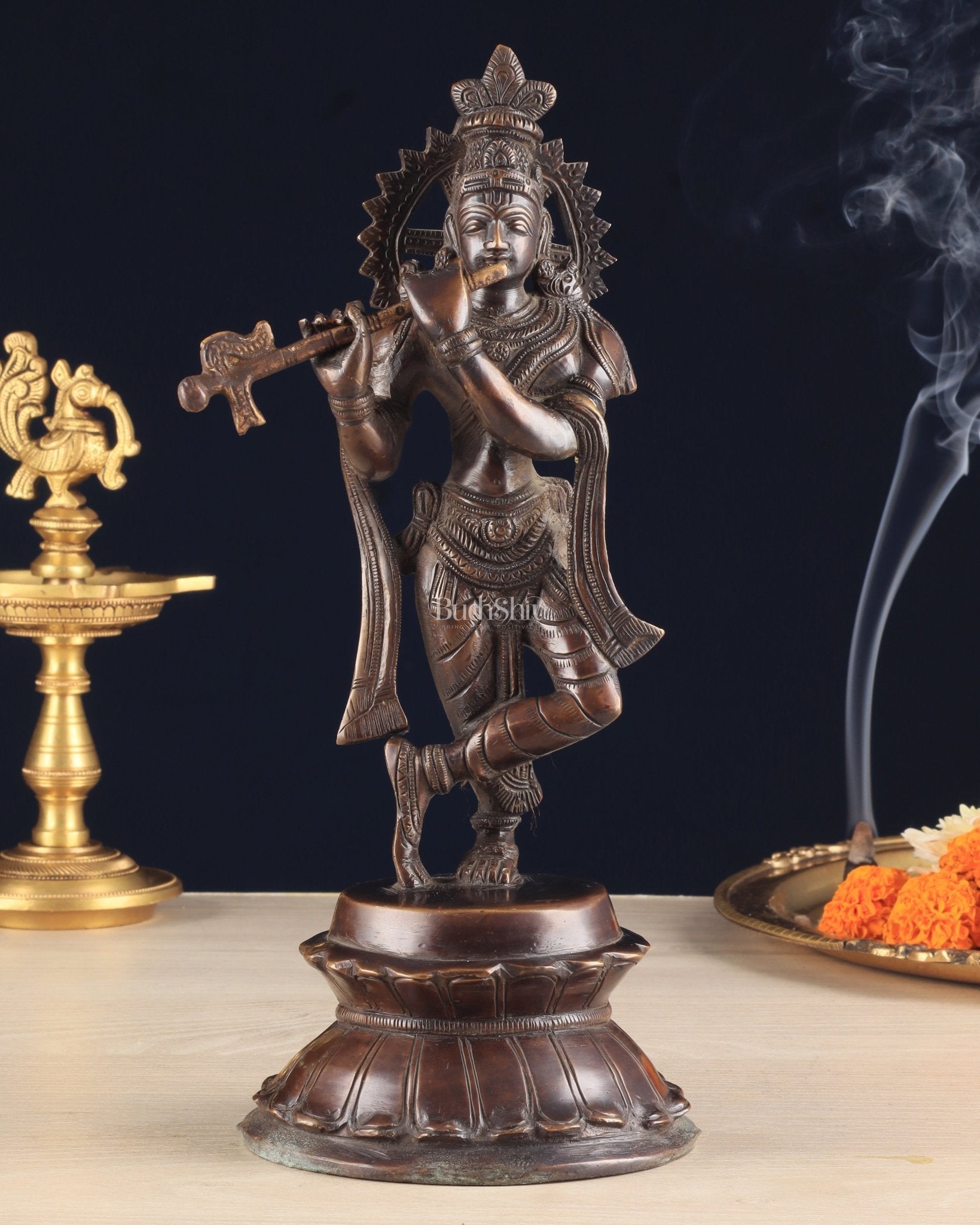 Unique Brass Lord Krishna Statue with Copper Tone – Divine Krishna Idol (11 Inches) - Sama Homes Idol - Brass Sculpture - Eco-friendly - Sama Homes