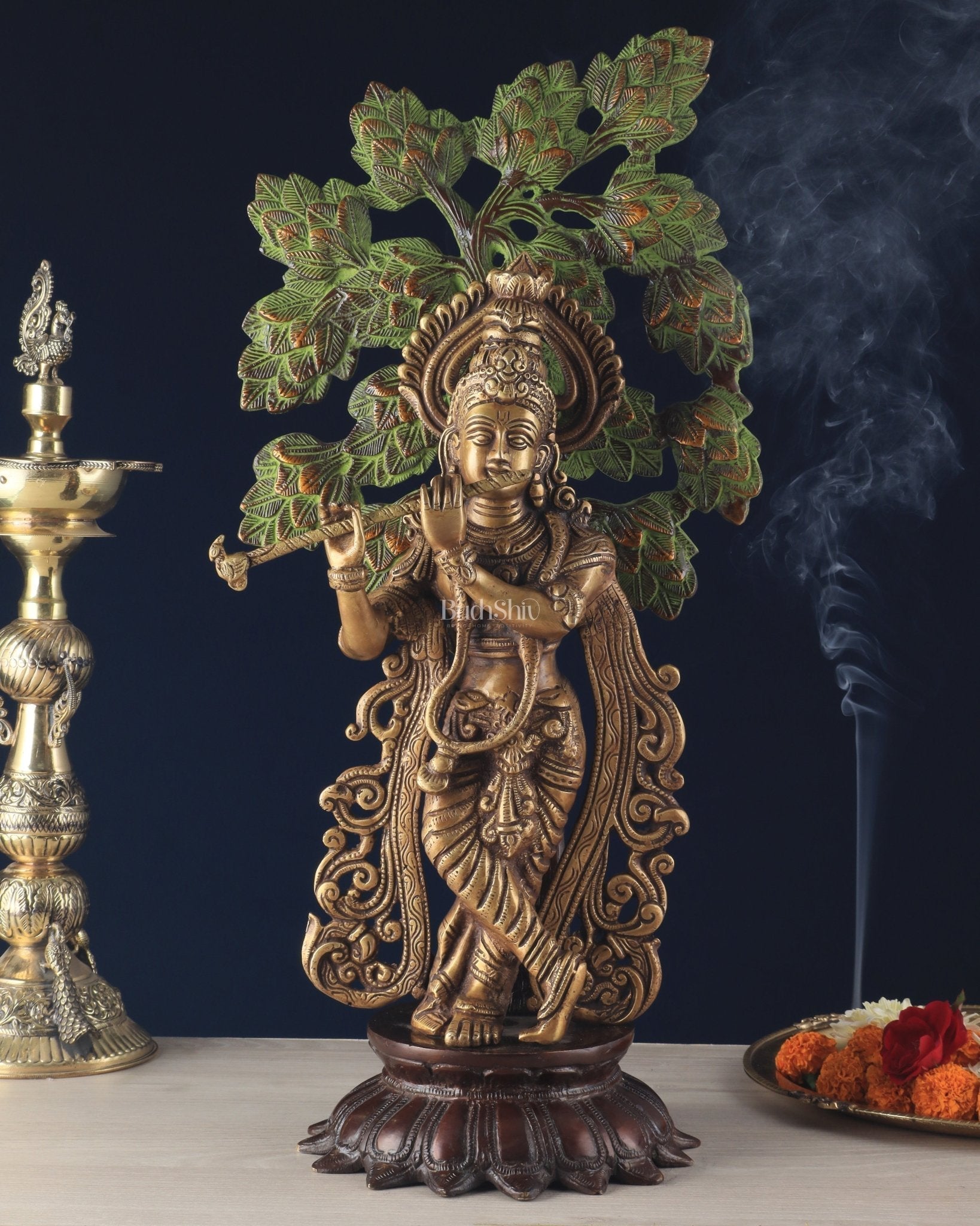Unique Brass Lord Krishna with Kalpavriksha Tree Statue – 23" Tall, 12 kg - Sama Homes Idol - Brass Sculpture - Eco-friendly - Sama Homes