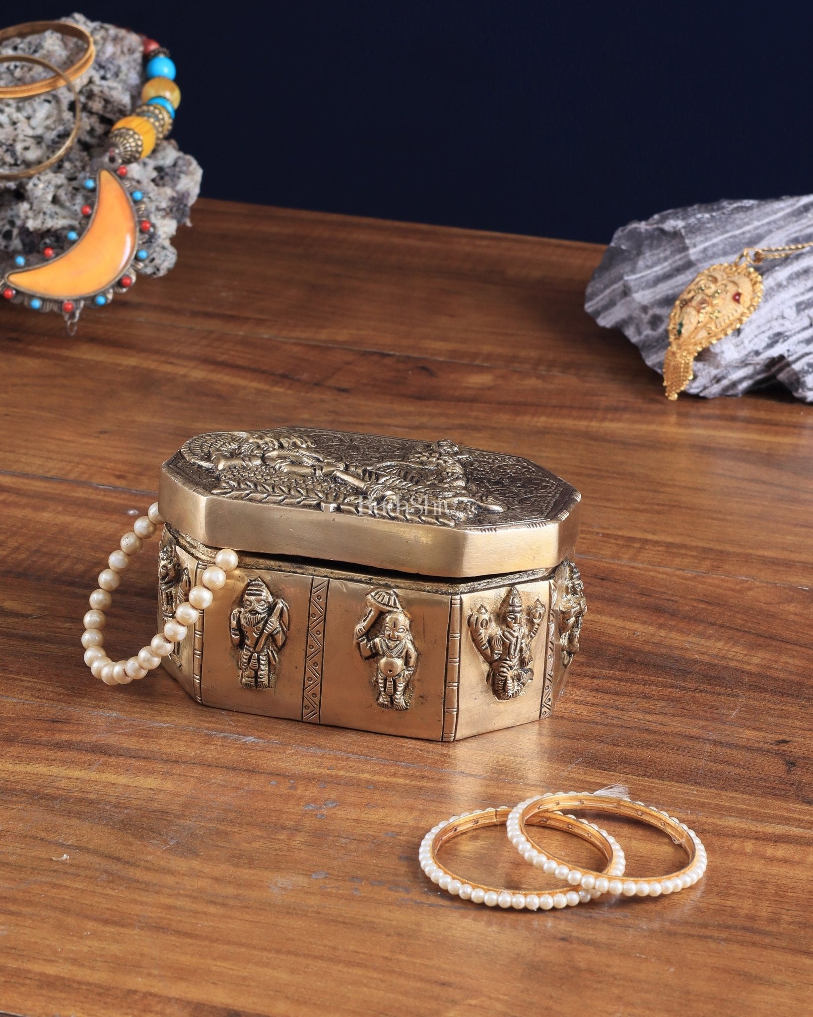 Unique Brass Lord Vishnu Multipurpose Storage Box with Dashavatar Carvings - Sama Homes Idol - Brass Sculpture - Eco-friendly - Sama Homes