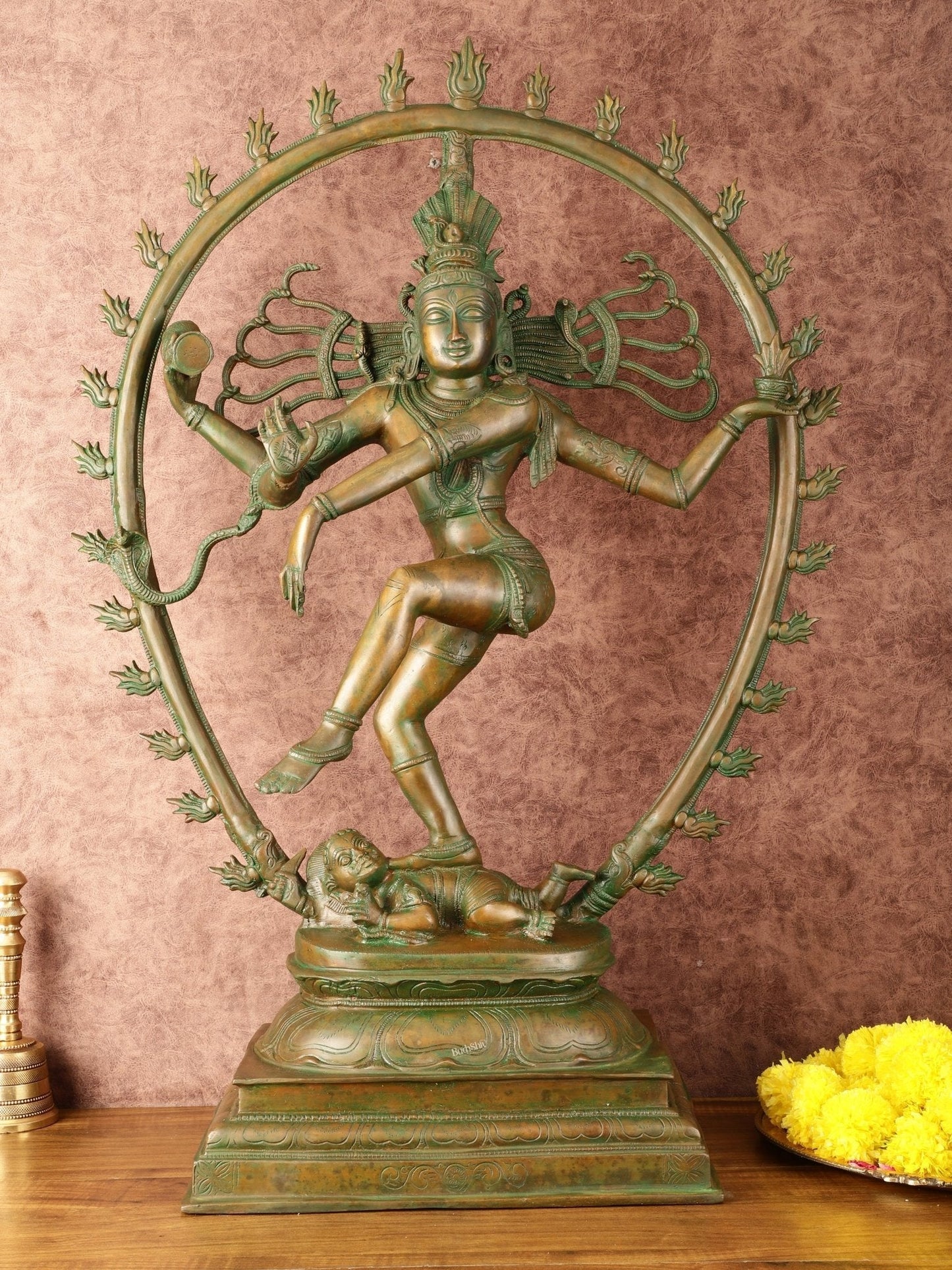 Unique Brass Nataraja Statue with Oval Arch - Antique Bronze Patina - 30" Tall - Sama Homes Idol - Brass Sculpture