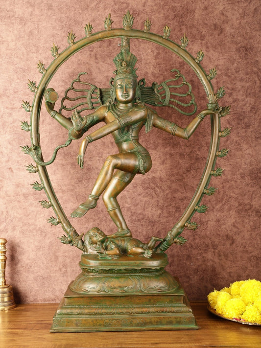 Unique Brass Nataraja Statue with Oval Arch - Antique Bronze Patina - 30" Tall - Sama Homes Idol - Brass Sculpture