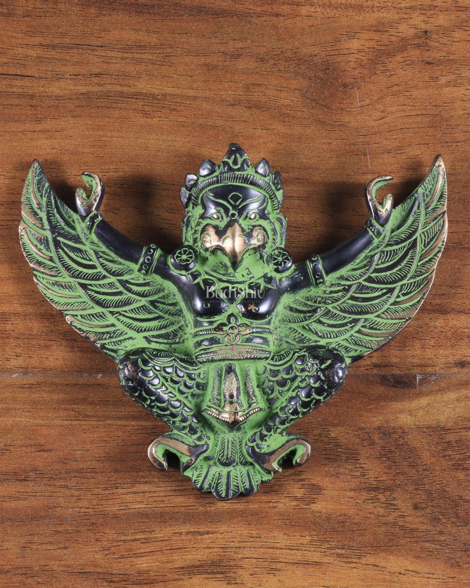 Unique Brass Wall Hanging Flying Garuda Idol 5" black and green - Sama Homes Idol - Brass Sculpture - Eco-friendly - Sama Homes