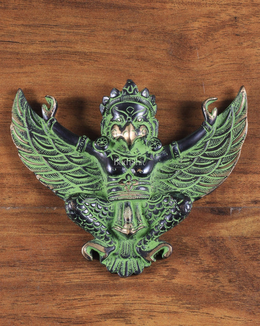 Unique Brass Wall Hanging Flying Garuda Idol 5" black and green - Sama Homes Idol - Brass Sculpture