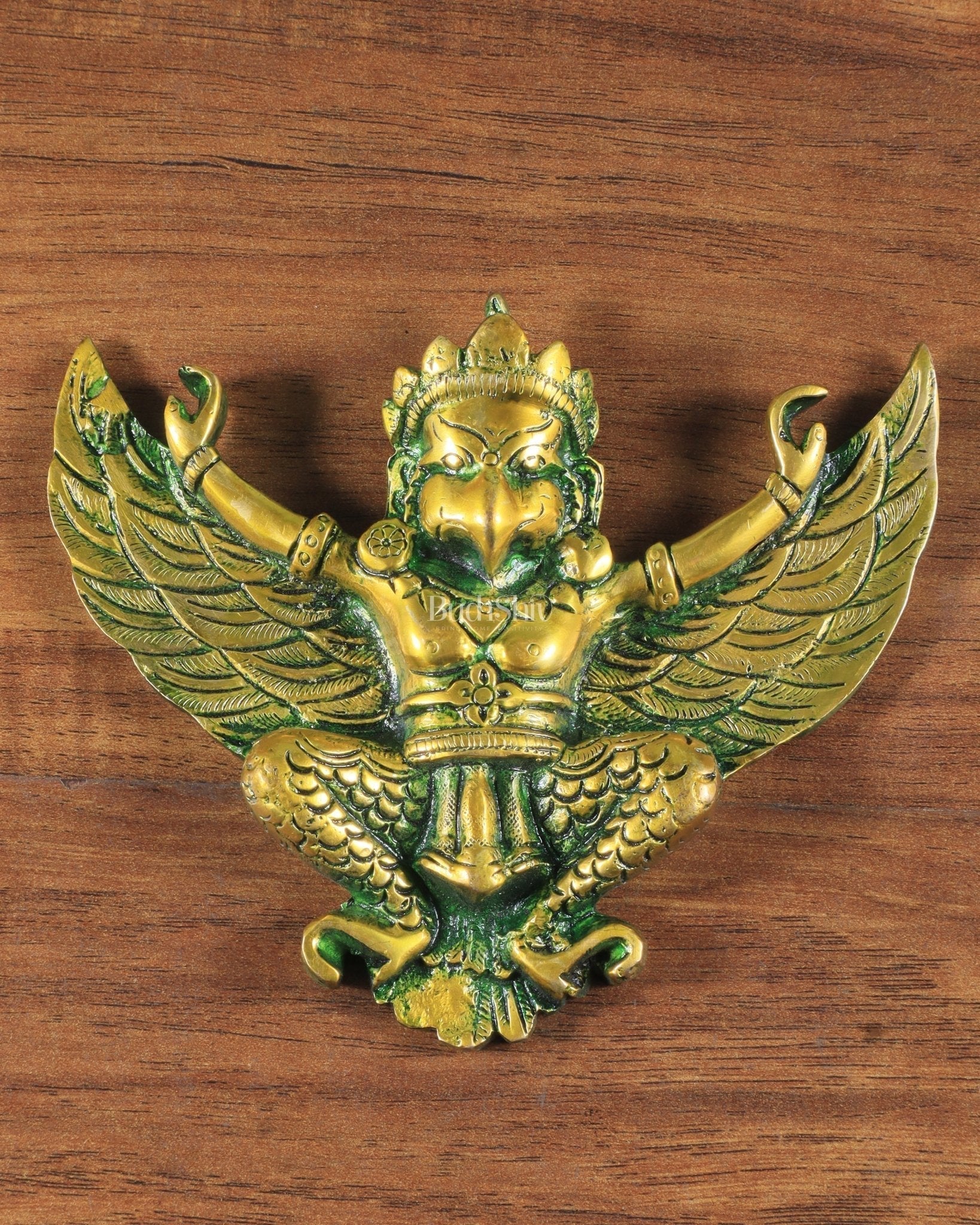 Unique Brass Wall Hanging Flying Garuda Idol 5" Green effect - Sama Homes Idol - Brass Sculpture - Eco-friendly - Sama Homes