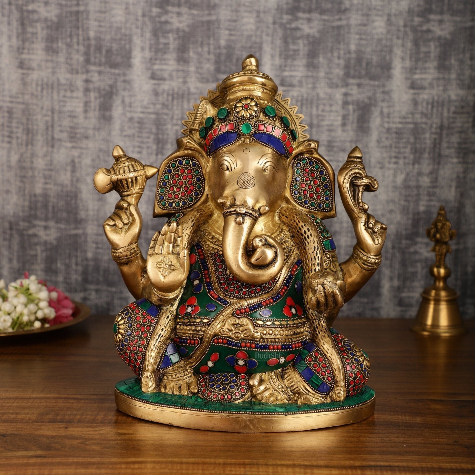 Unique Ganapati Brass Statue with Meenakari | 13.2 Inch - Sama Homes Idol - Brass Sculpture - Eco-friendly - Sama Homes
