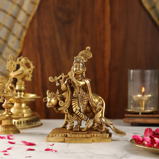 Sama Homes-brass krishna with cow and peacock idol