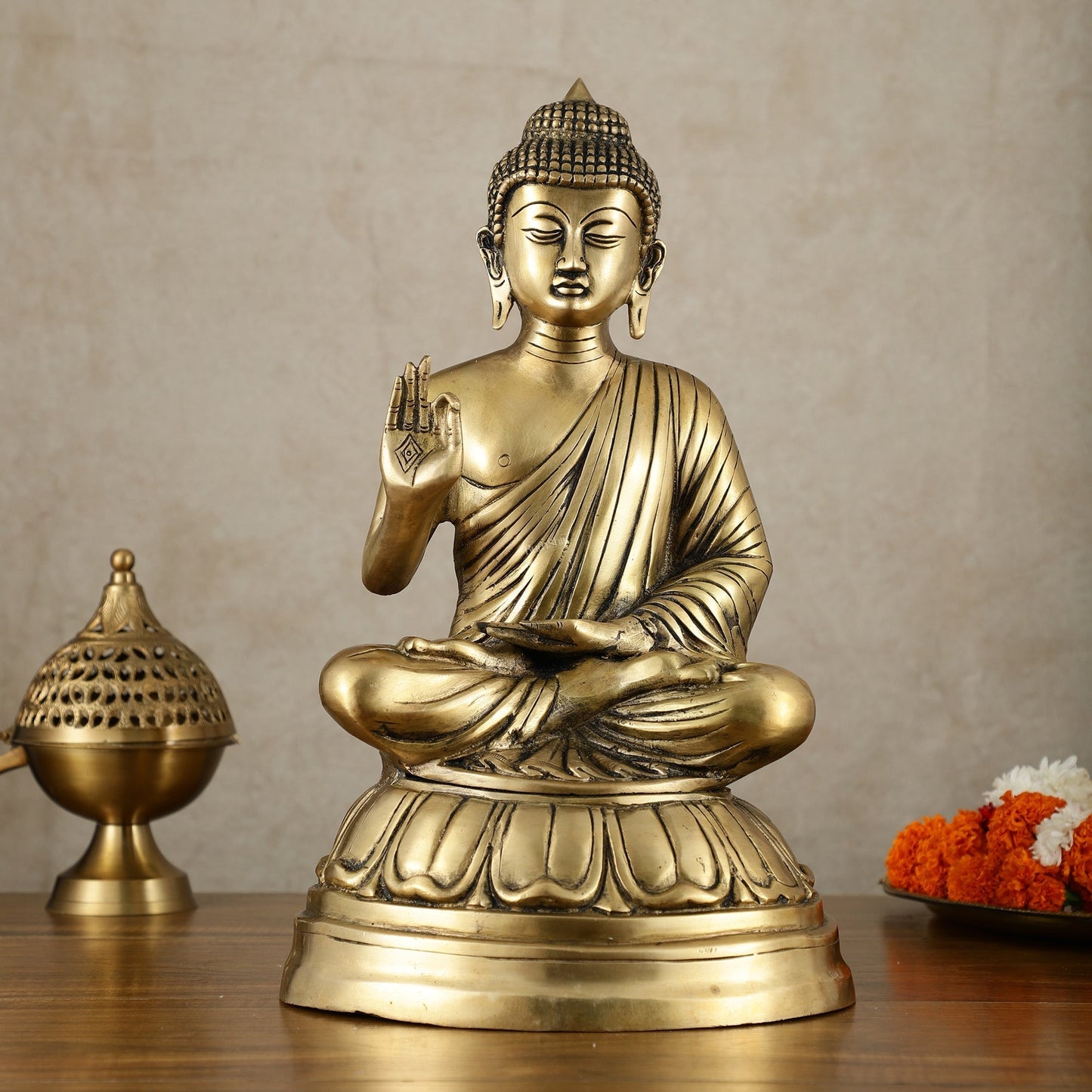 Unique Pure Brass Blessing Buddha Statue - 16 Inch - Sama Homes Idol - Brass Sculpture