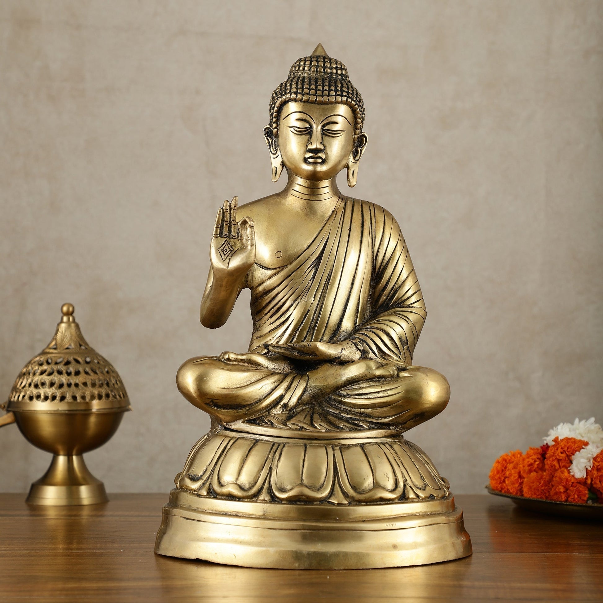 Unique Pure Brass Blessing Buddha Statue - 16 Inch - Sama Homes Idol - Brass Sculpture - Eco-friendly - Sama Homes