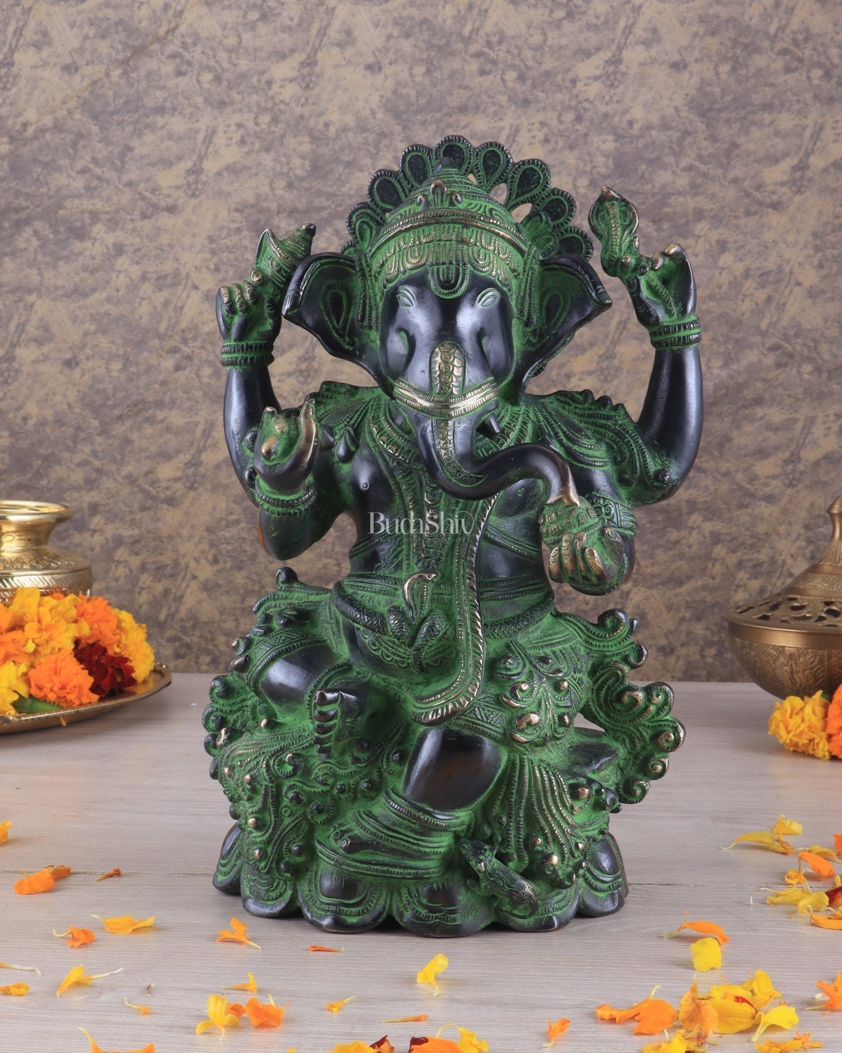 Unique Pure Brass Lord Ganesha Idol with Black and Green Patina Finish 7.5" - Sama Homes Idol - Brass Sculpture - Eco-friendly - Sama Homes
