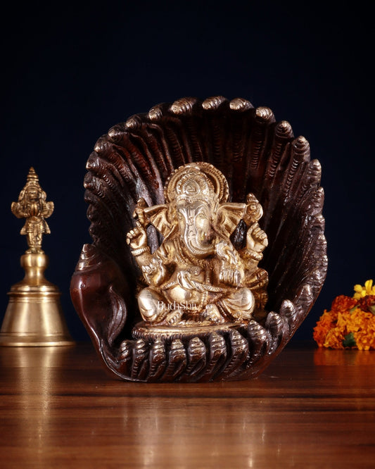 Unique Pure Brass Lord Ganesha in Pearl Conch Shell – 5.5” (14 cm) - Sama Homes Idol - Brass Sculpture