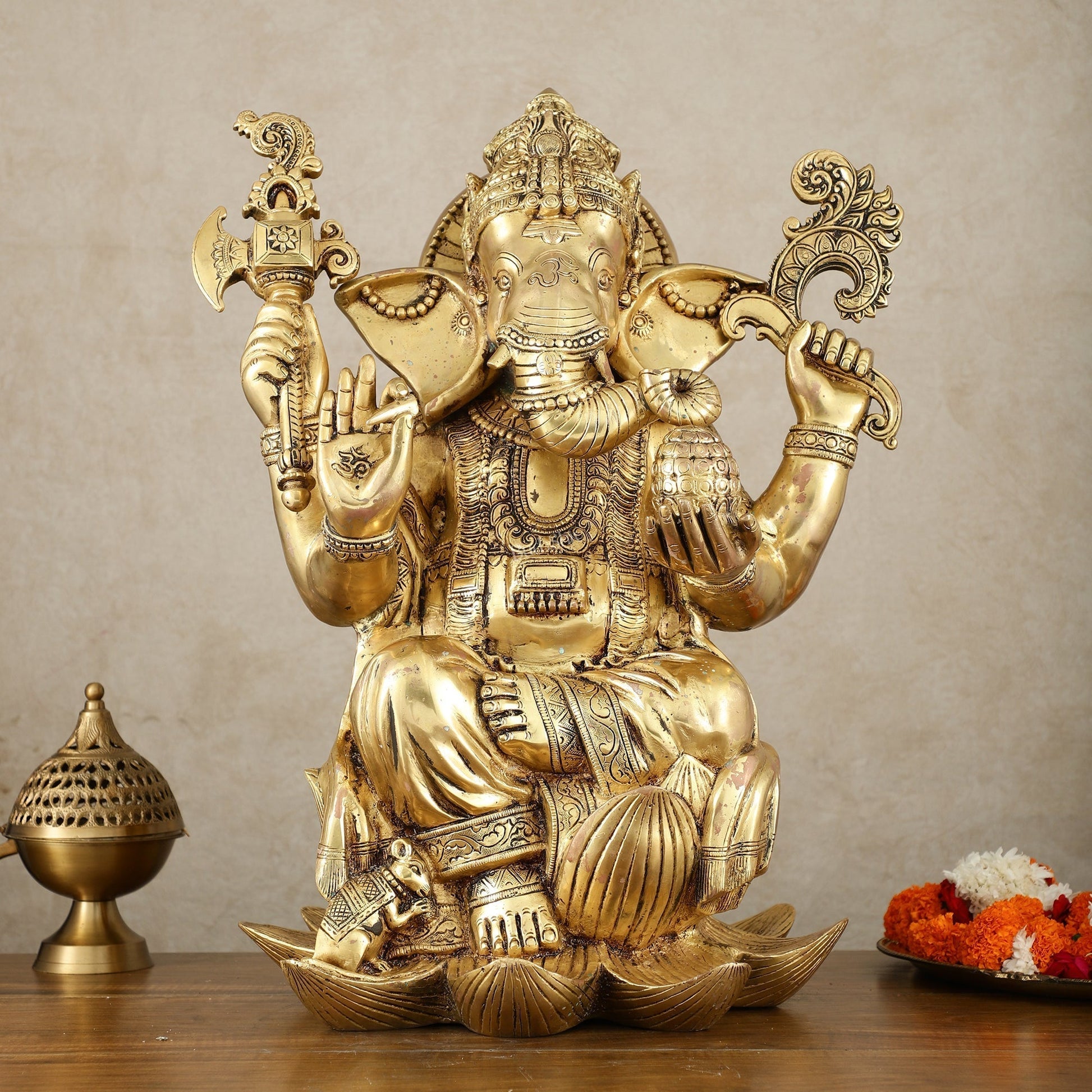 Unique Pure Brass Lord Ganesha Statue - Seated on Lotus, 22" Height - Sama Homes Idol - Brass Sculpture - Eco-friendly - Sama Homes